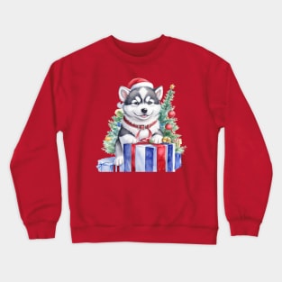 husky dog puppy celebrating Christmas Crewneck Sweatshirt